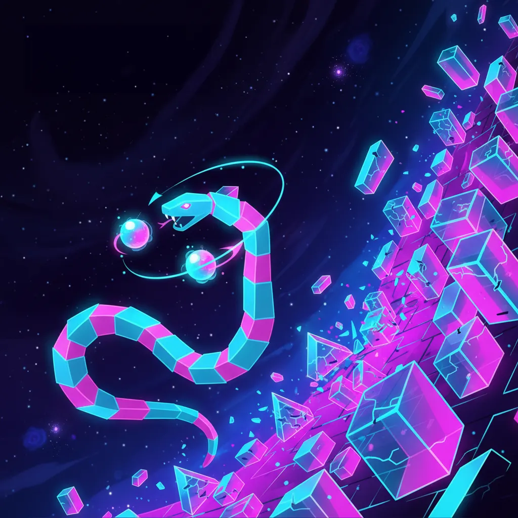 A Breaker Belt gameplay: a neon cosmic serpent breaking bricks in space