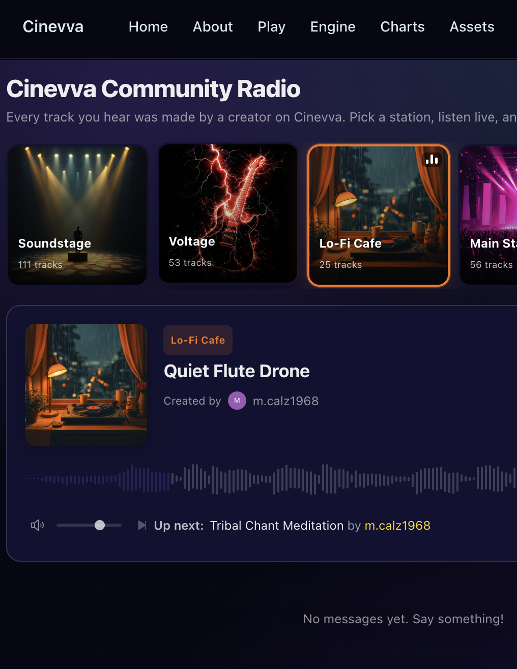 Cinevva Community Radio with 8 stations including Soundstage, Voltage, Lo-Fi Cafe, Main Stage, Ivory Tower, and Electric Dreams, currently playing Quiet Flute Drone