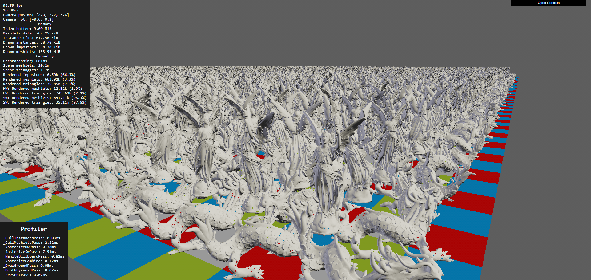 Nanite WebGPU rendering a complex multi-object scene in a browser using meshlet LOD hierarchy and software rasterizer