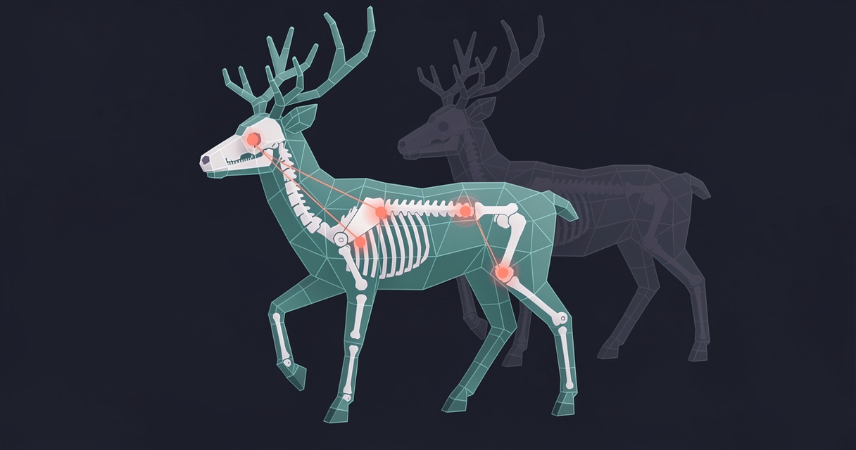 A low-poly wireframe deer with a skeleton fitted inside it, anchor points on the mesh surface tied to the nearest bones