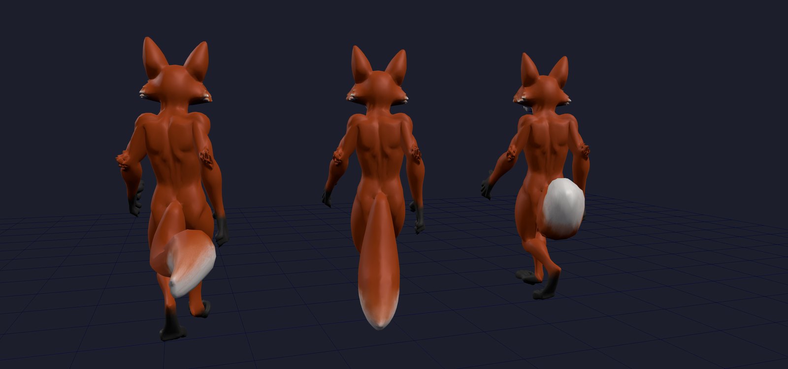 Three copies of a walking fox from behind: the original rig with its tail folded around the left leg, a rigid tail hanging straight down, and a tail on a bone chain carried up and back