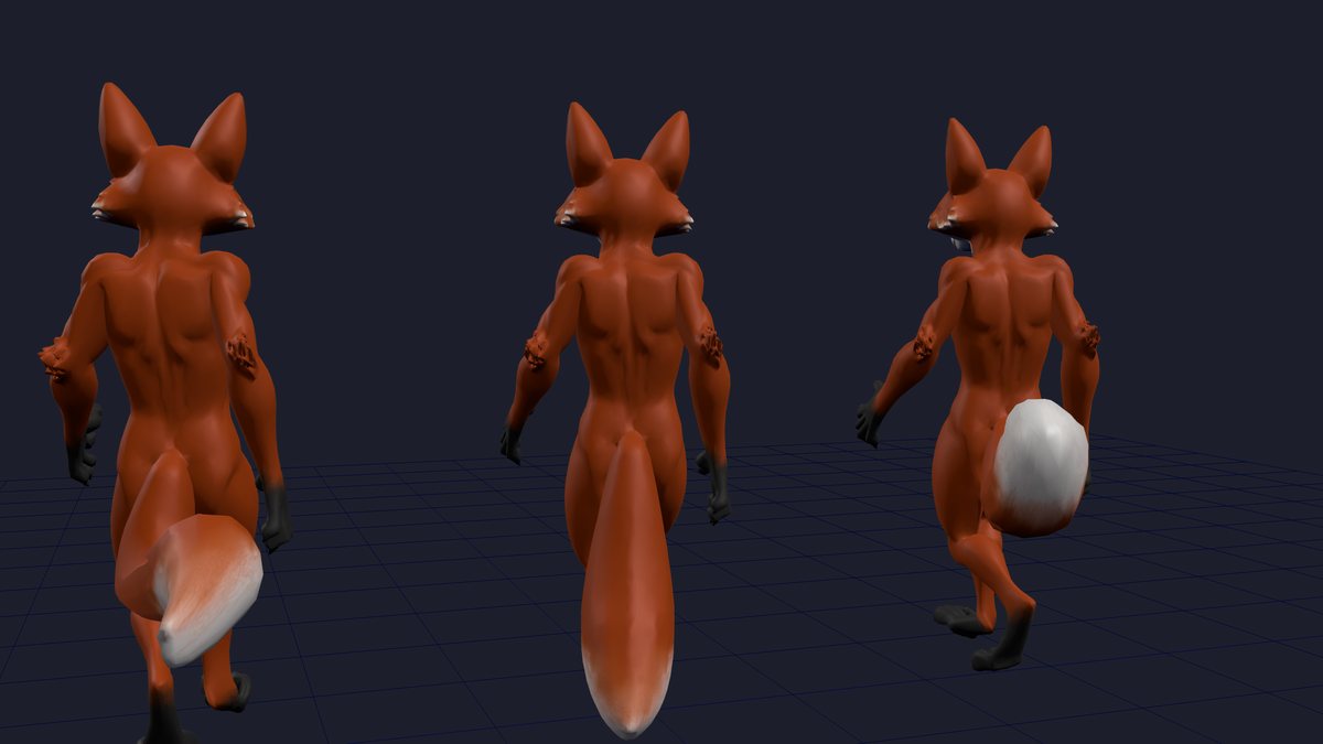 Three walking foxes seen from behind: a tail folded around the left leg, a rigid tail hanging straight down, and a tail carried on its own bone chain