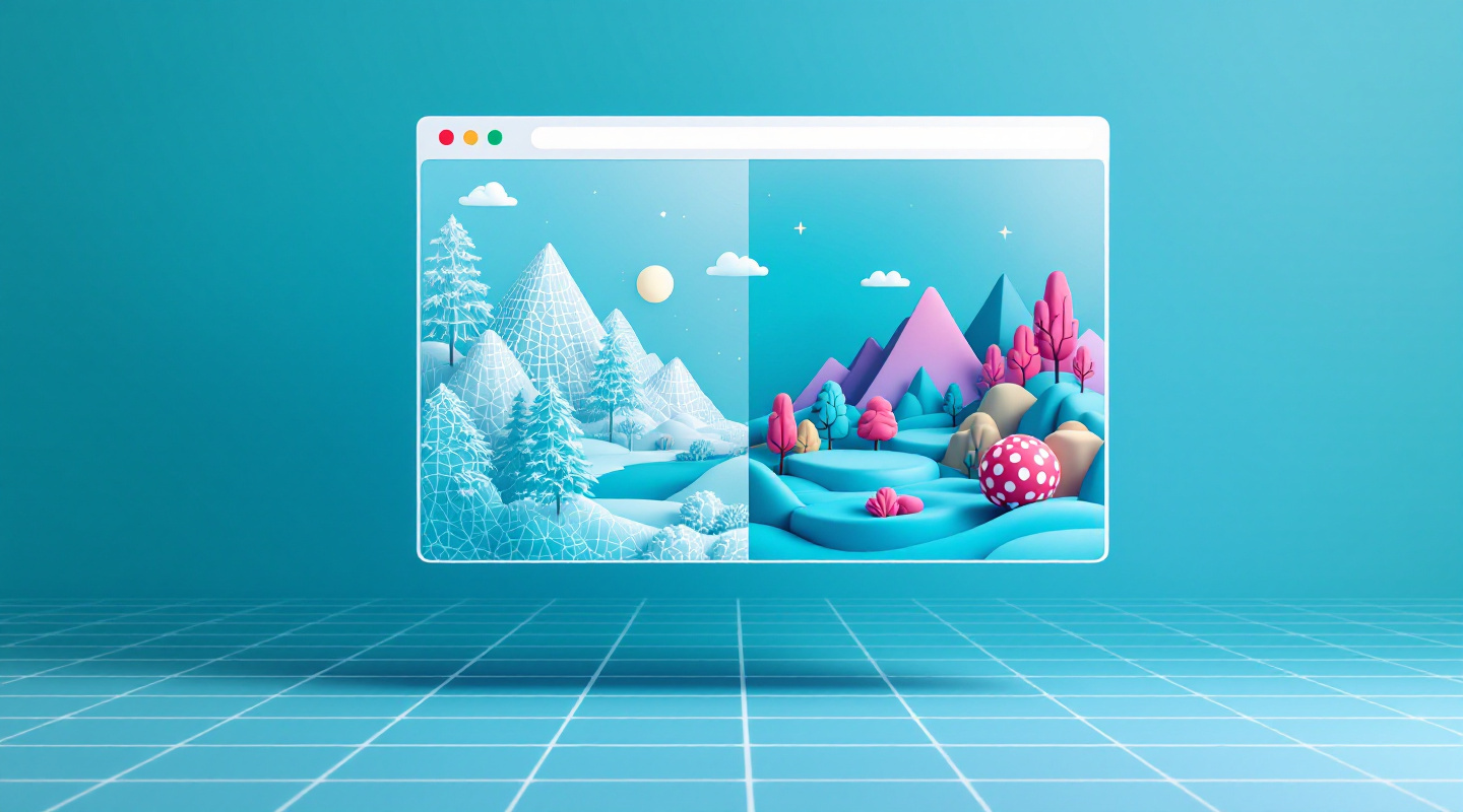 A browser window showing a 3D scene transitioning from wireframe to a rendered low-poly landscape