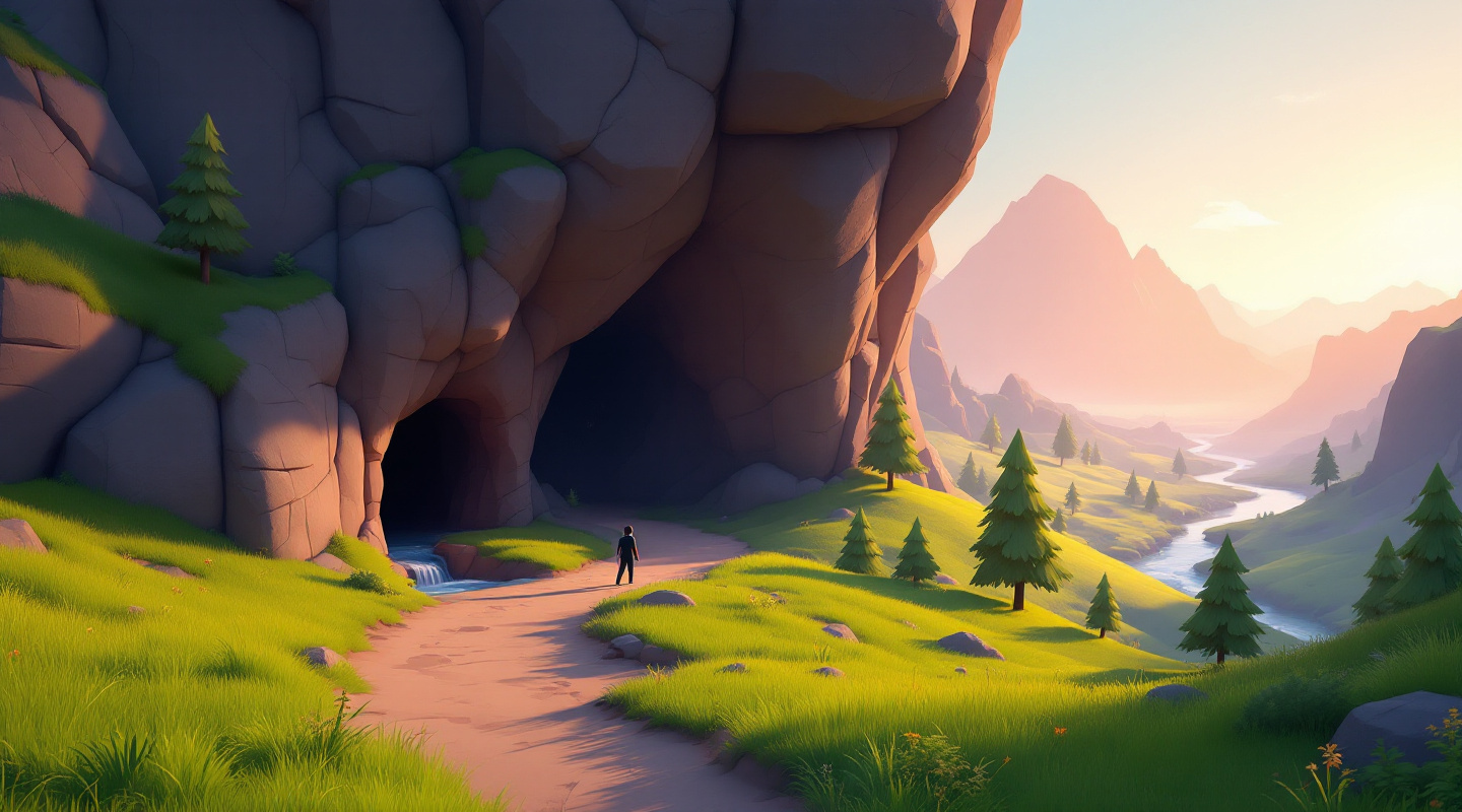 A stylized low-poly world rendered by Cinevva's WebGPU engine, with an avatar walking a path toward a cave at golden hour