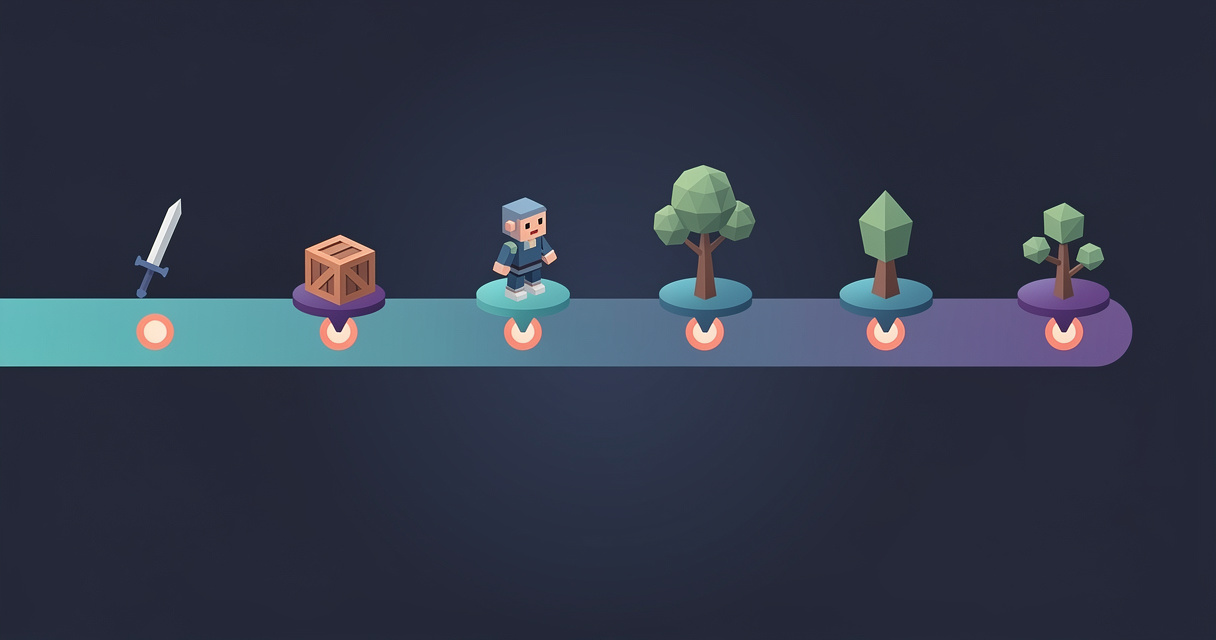 Row of AI-generated 3D game props with dated release pins behind them