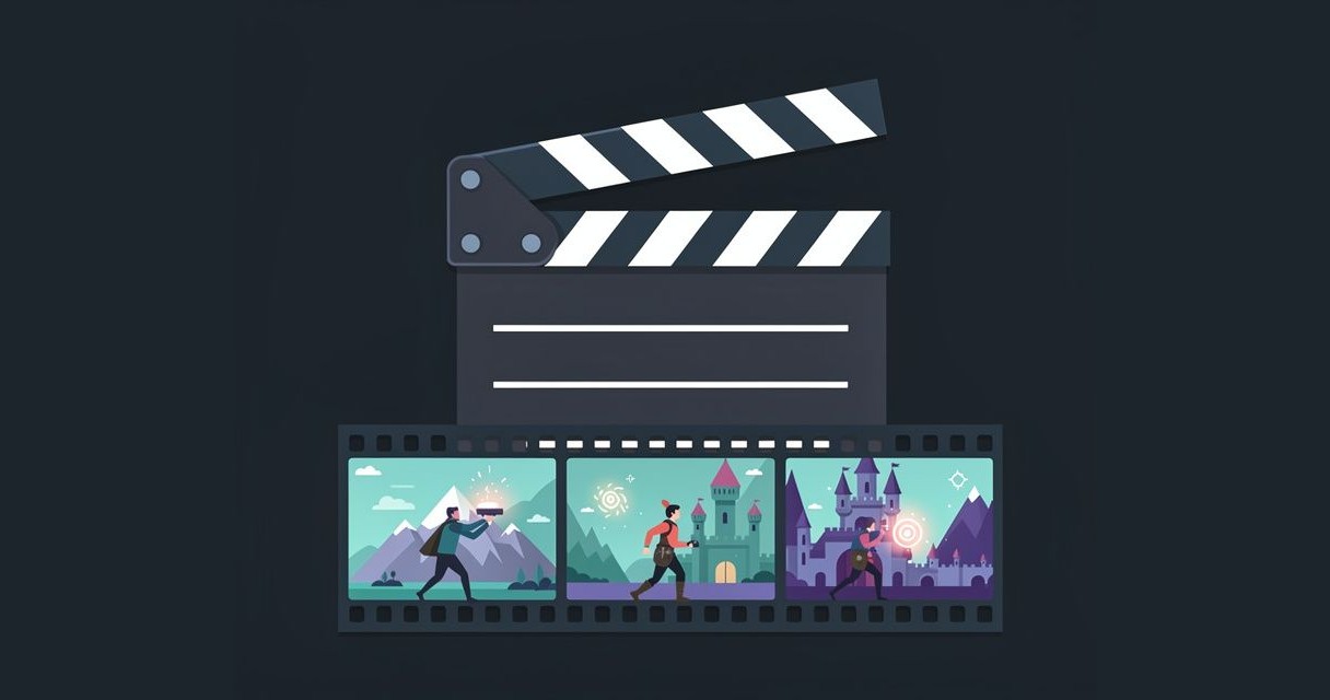 Film clapperboard above a filmstrip of three stylised game scenes with a running hero