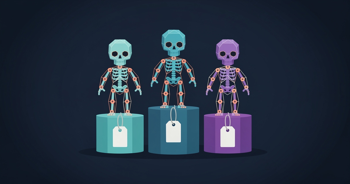 Three Blender character rigs side by side with control bones, markers and a skeleton