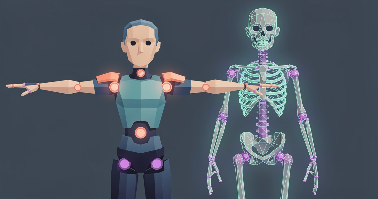 Low-poly character in T-pose with joint markers beside a glowing wireframe skeleton