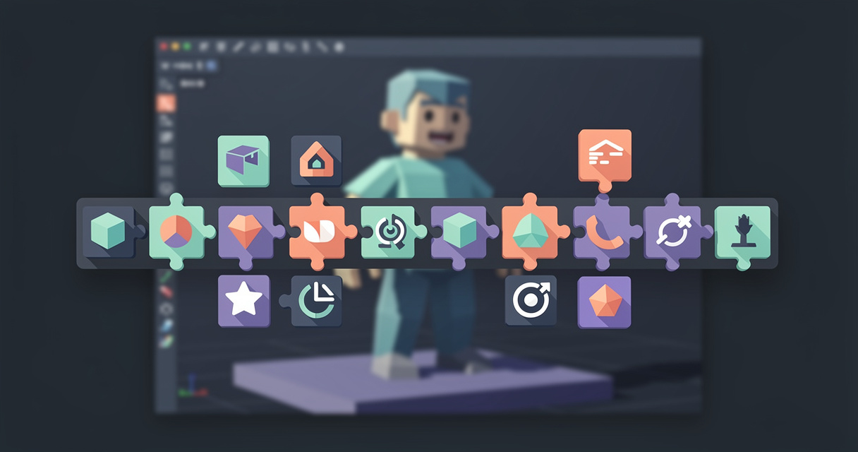 Blender viewport with a rigged game character surrounded by add-on panels and export dialogs