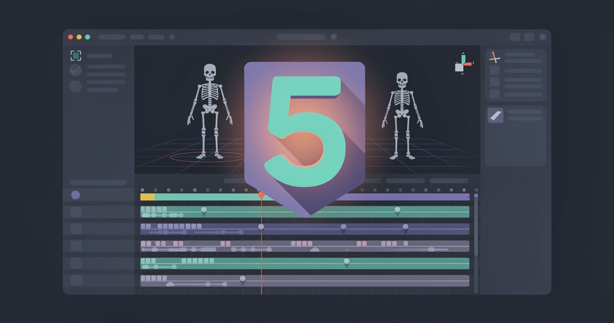 Rigged low-poly game character in Blender 5 beside a timeline of version badges