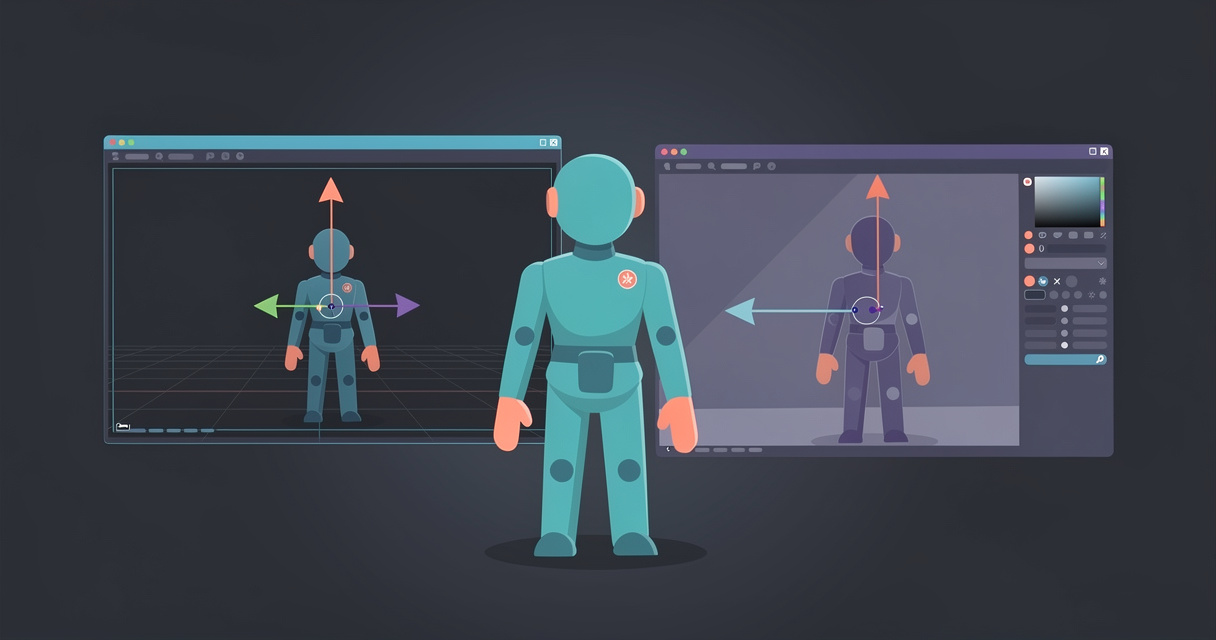 A rigged low-poly character passing from a Blender viewport into a Unity scene at the same size