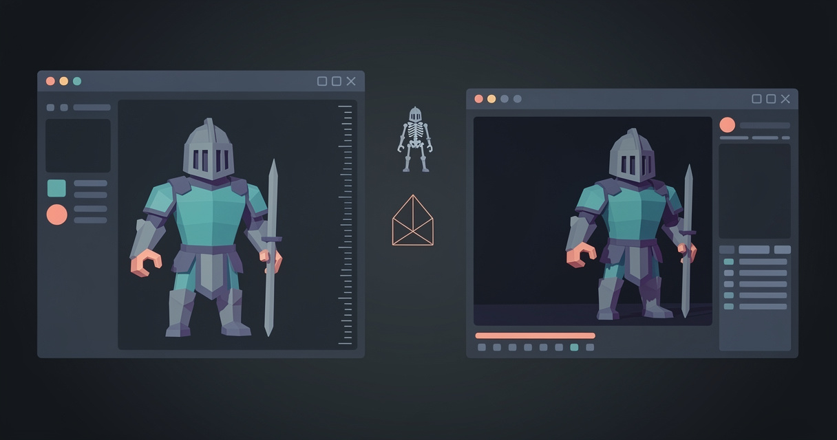 A rigged low-poly character crossing from a Blender viewport into an Unreal Engine level