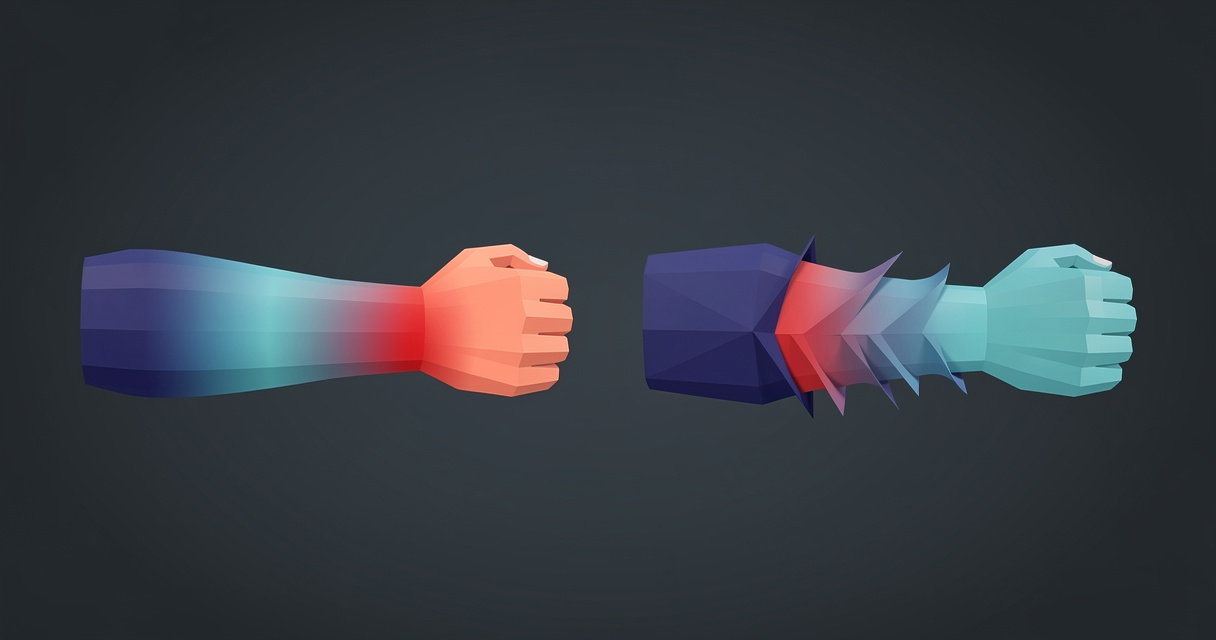 Blender character arm in weight paint mode, blue to red heat gradient across the elbow