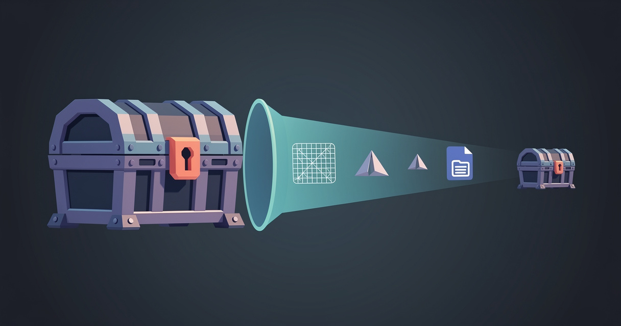 A large treasure chest funnels through a tube into a tiny copy of itself