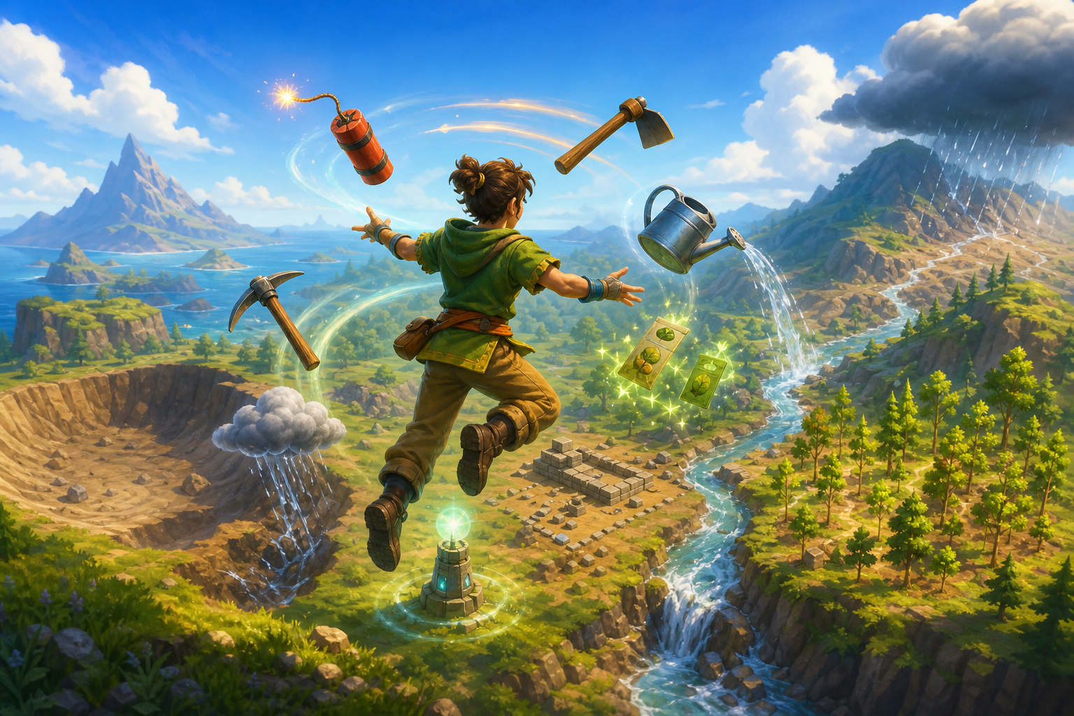 Player surrounded by terrain-sculpting tools: dynamite, hoe, watering can, seeds, pickaxe, rain cloud, and a terraform beacon, reshaping a colorful 3D landscape