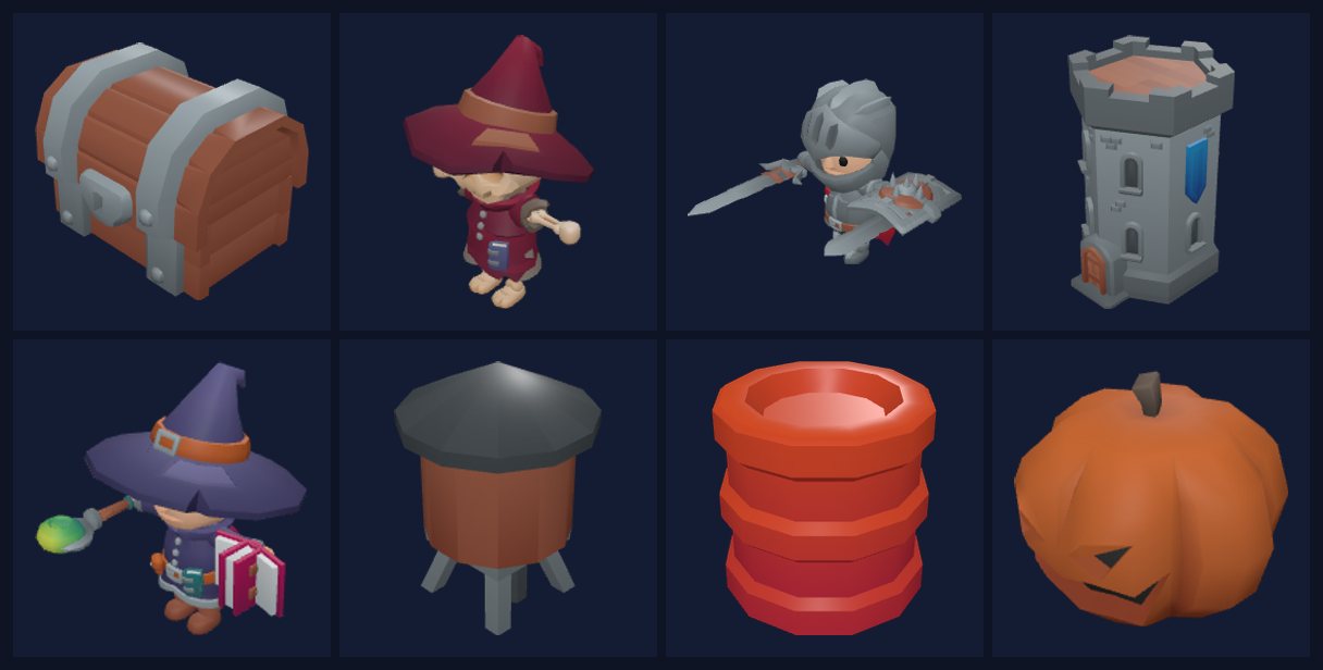 Sample CC0 models from KayKit: treasure chest, skeleton mage, knight, hexagon tower, mage, water tower, barrel and jack-o-lantern