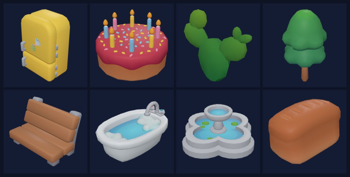 Sample CC0 interior and park props by Kay Lousberg: fridge, birthday cake, cactus, tree, park bench, bathtub, fountain and bread