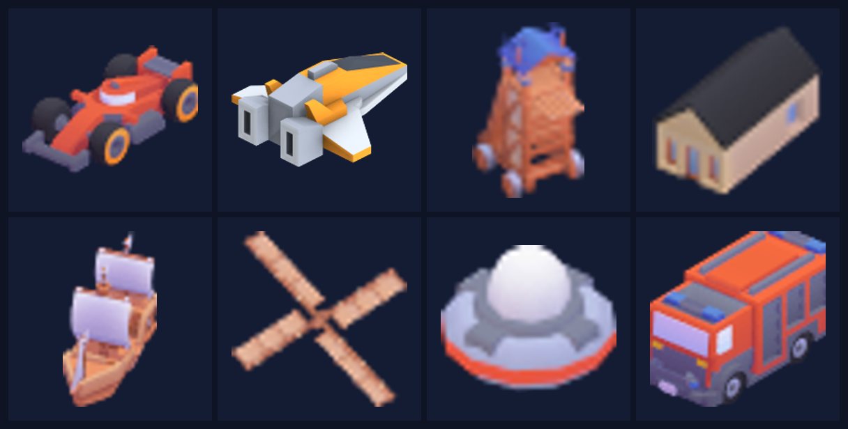 Sample CC0 3D models from Kenney: race car, spaceship, siege tower, house, pirate ship, windmill, UFO and firetruck
