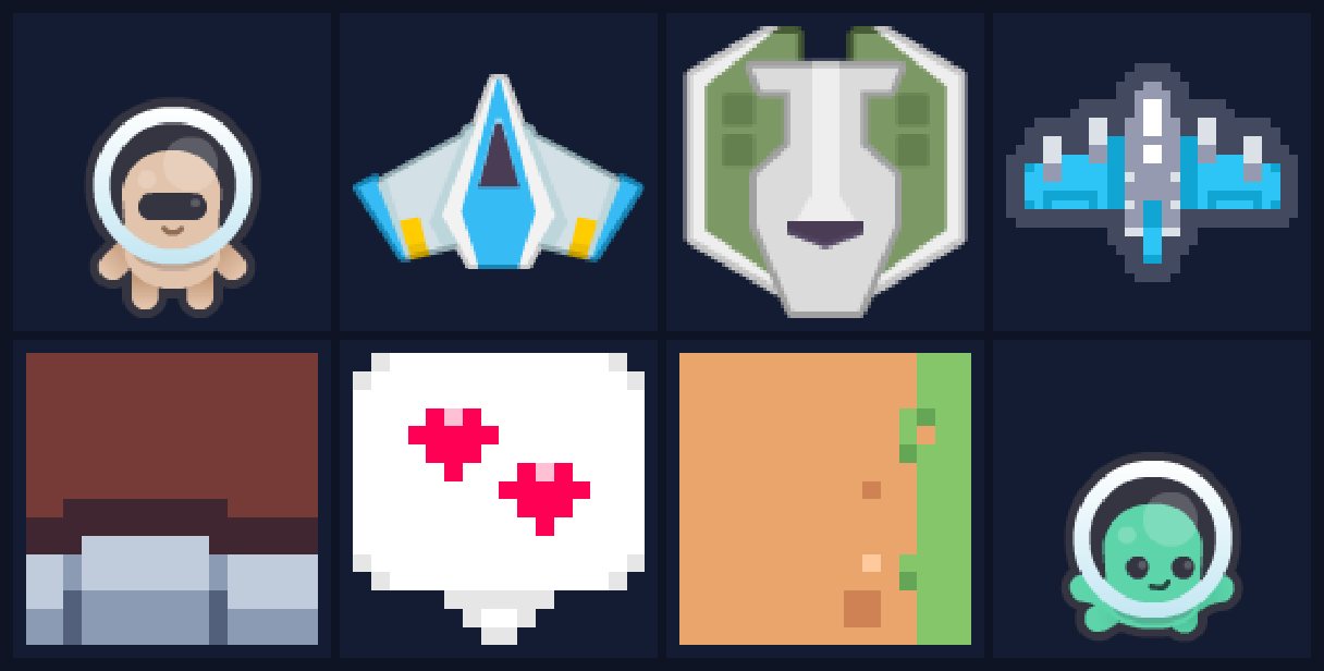 Sample CC0 2D sprites from Kenney: astronaut character, spaceships, pixel tiles, heart emote and alien