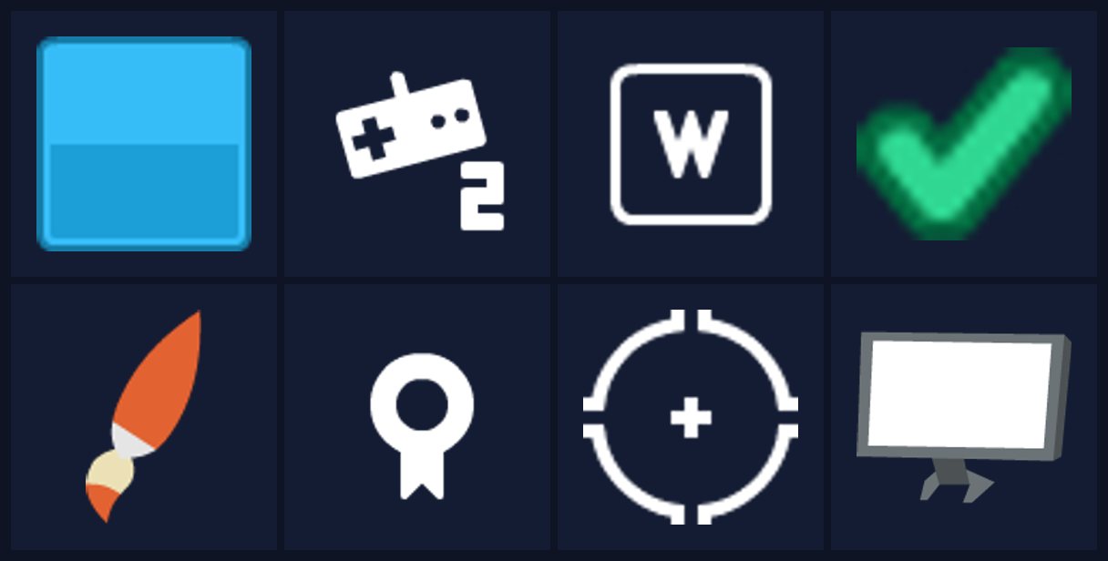 Elementos de interface CC0 do Kenney: botão, ícone de controle, indicação de tecla, marca de seleção, cartões de itens, medalha e mira