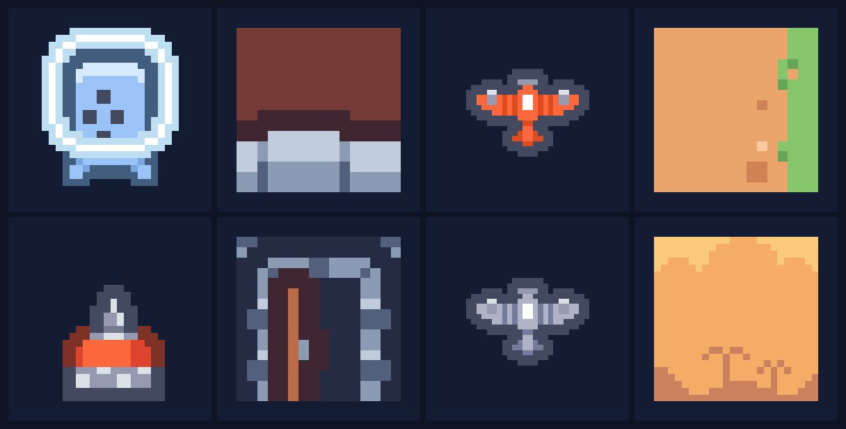 Sprites em pixel art de pacotes CC0 do Kenney: astronauta, porta de masmorra, aviões de shmup e tiles de plataforma