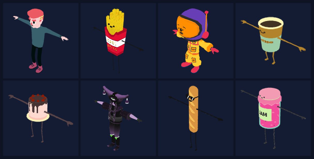 Sample CC0 avatars from PolygonalMind's 100 Avatars project: eight rigged stylized characters