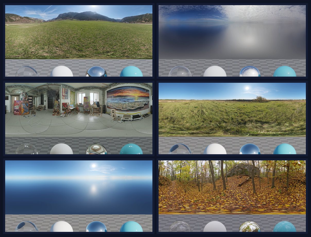 Amostras de HDRIs CC0 do Poly Haven: campo alpino, céu sobre o oceano, interior de estúdio de arte, campo no outono, céu puro e panoramas de floresta no outono