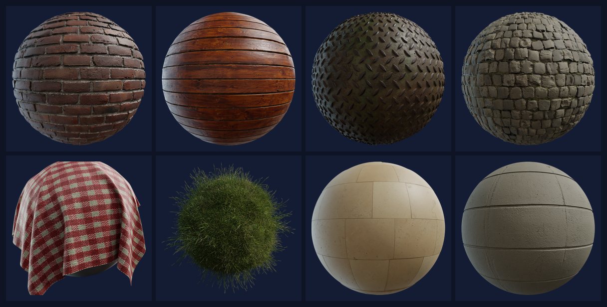 Sample CC0 PBR materials from Poly Haven rendered on spheres: brick, wood, metal, cobblestone, fabric, grass, marble and concrete
