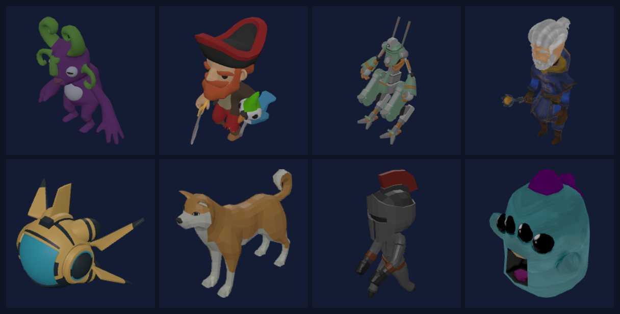 Sample CC0 low-poly models from Quaternius: monsters, pirate captain, mech, wizard, spaceship, shiba inu and knight