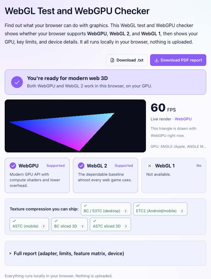 Checker showing a purple ready banner, a gradient triangle rendering at 60 FPS via WebGPU, and Supported cards for WebGPU and WebGL 2