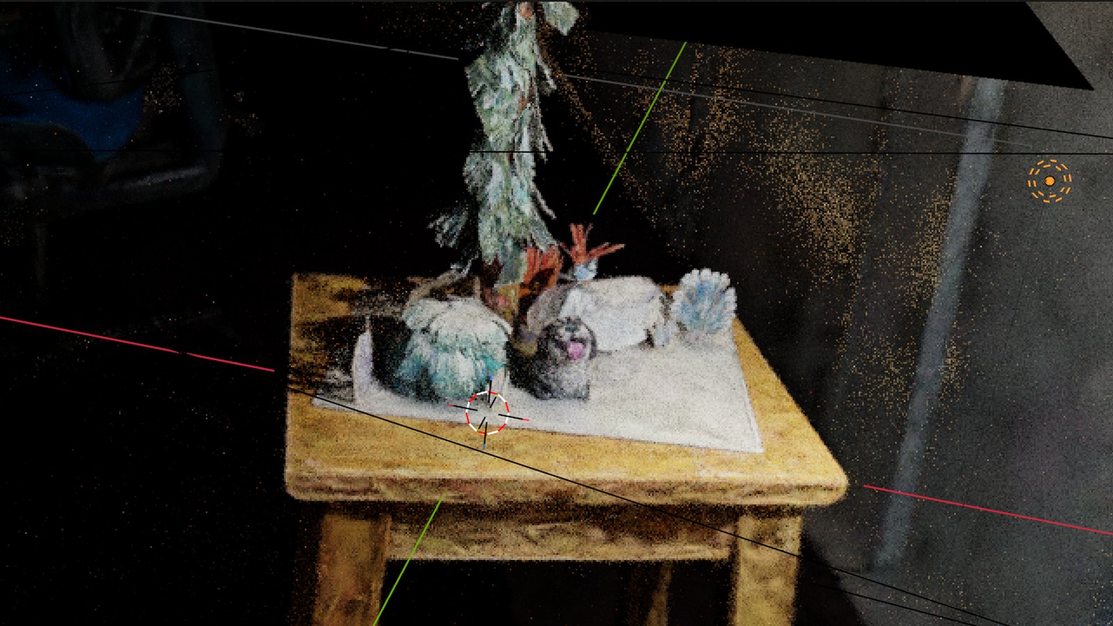 A Gaussian splat capture of a table with a stuffed animal and a plant, rendered in the Blender 5.3 viewport