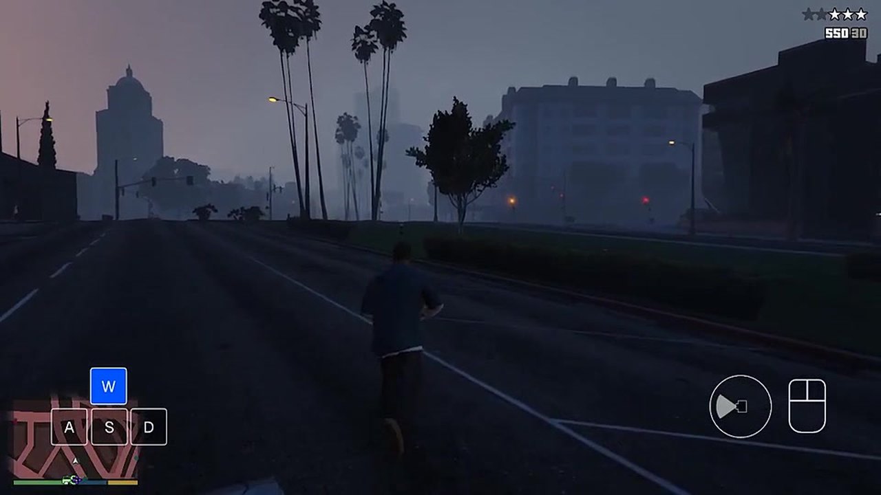 An Odyssey-3 policy running down a foggy Los Santos street in GTA V at dusk, with a WASD overlay showing the W key pressed
