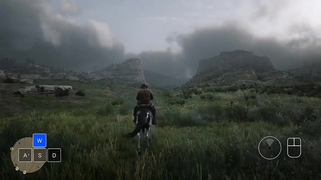 An Odyssey-3 policy riding a horse across open country in Red Dead Redemption 2, with the WASD keys it is pressing shown in an overlay