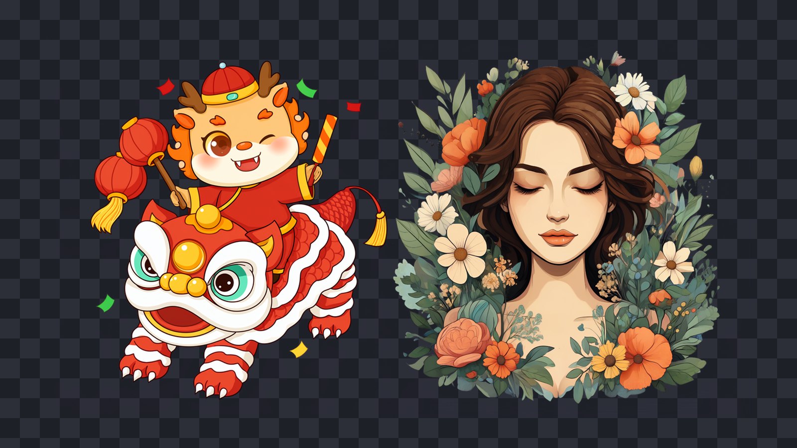 Two transparent images generated by Qwen-Image-2.1, a cartoon dragon riding a lion dance costume and a woman framed by flowers, shown on a checkerboard to reveal the alpha channel