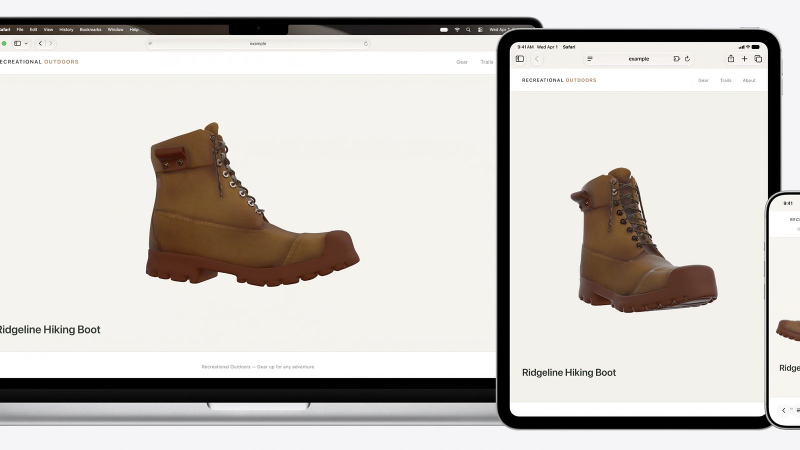 Das HTML-model-Element zeigt denselben 3D-Wanderschuh auf einem MacBook, einem iPad und einem iPhone
