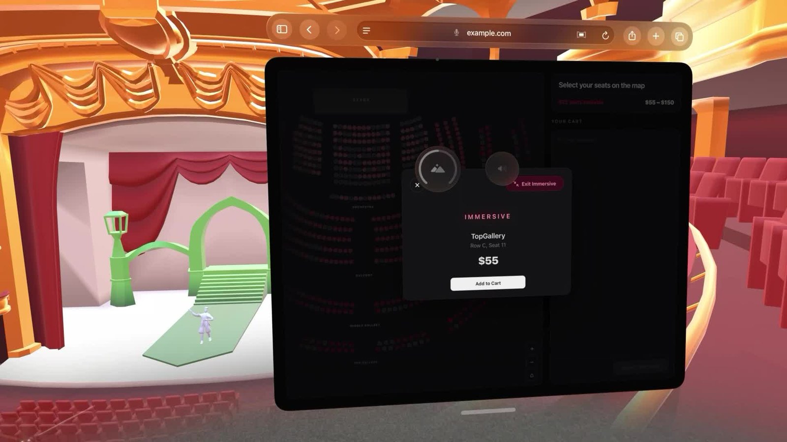 Safari unter visionOS zeigt eine Ticketbuchungsseite, die in einer von der Website bereitgestellten immersiven 3D-Theaterumgebung schwebt