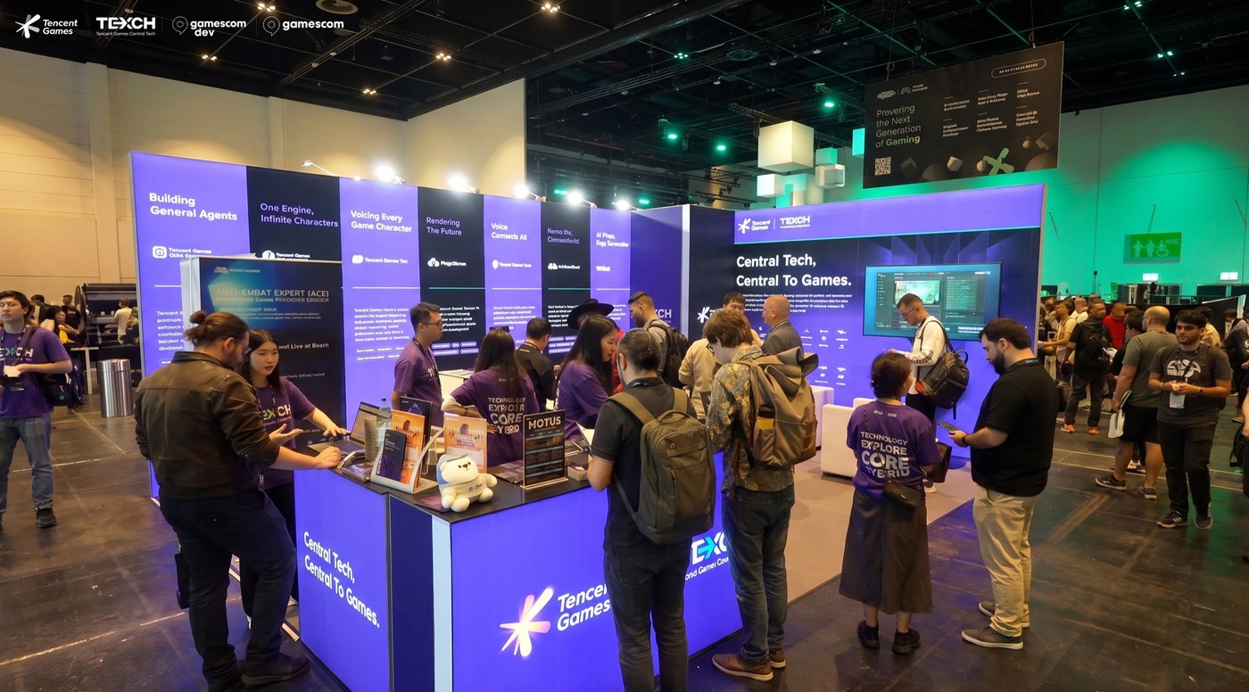 Tencent Games Central Tech booth at gamescom dev, with panels for Motus, GIGA, MagicDawn, and other tools and a crowd of attendees