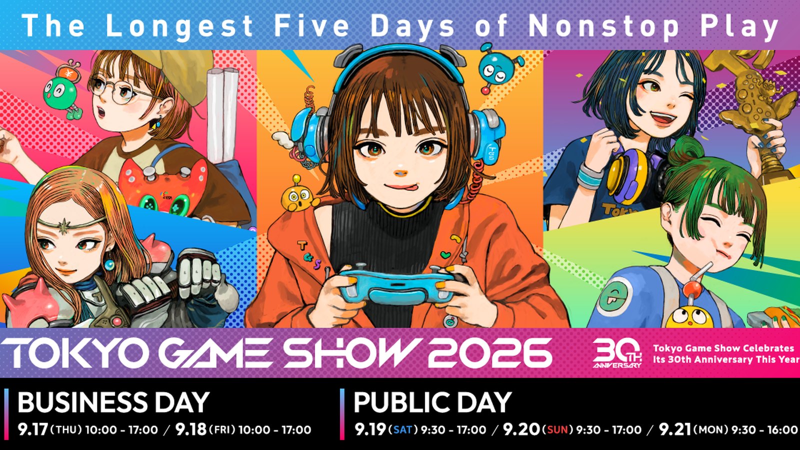 Tokyo Game Show 2026 key visual with the five show dates, including the cancelled September 21