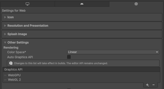 Unity Web 播放器设置中的图形 API 列表，WebGPU 已添加到 WebGL 2 上方
