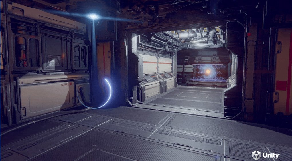 Unity 的飞船演示场景通过 WebGPU 在浏览器中运行，并使用 GPU 模拟的 VFX Graph 粒子