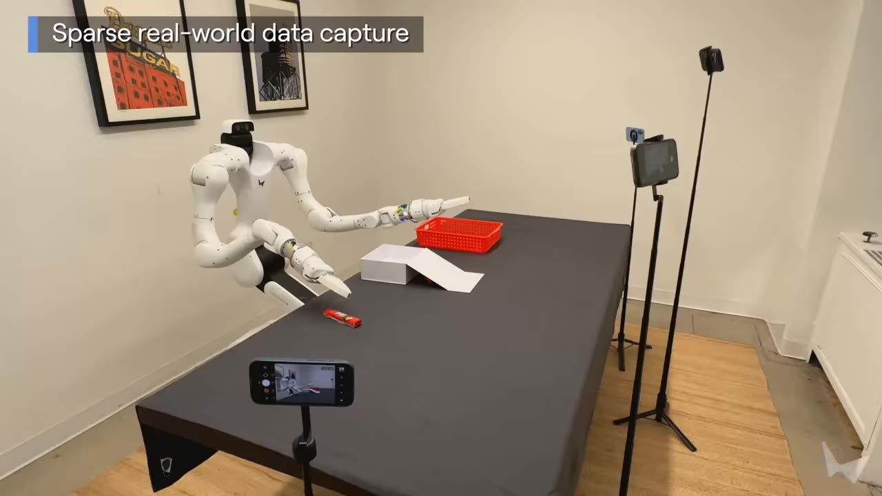 Atlas-Robotikdemo mit einem Roboterarm in einer generierten Szene, wobei das Modell die Ansicht der eigenen Kamera des Roboters rendert