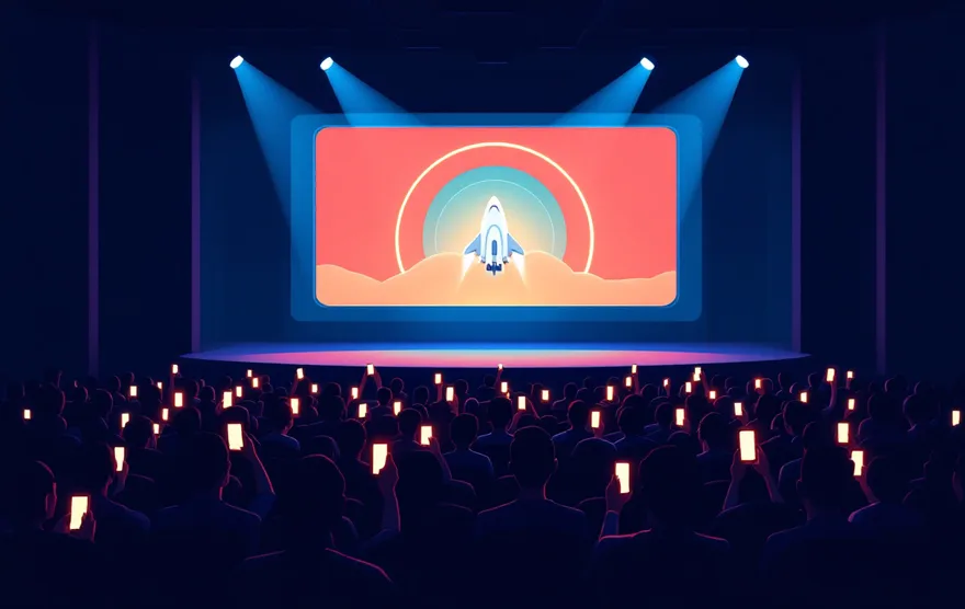 Illustration of a keynote hall: an audience holds up glowing phones, one game on the stage screen