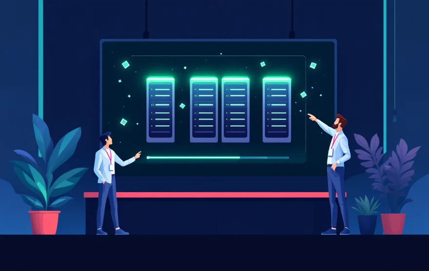 Illustration of a developer booth: engineers watch a rack-and-load-bars game on a wall screen