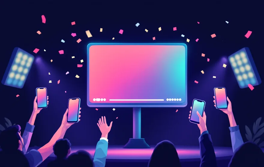 Illustration: raised phones and confetti around a glowing event scoreboard