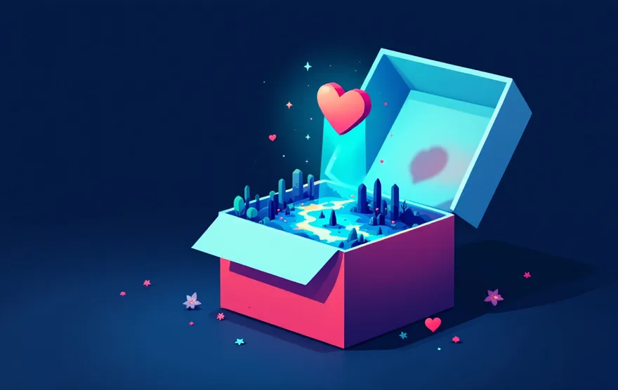 Illustration: a gift box opening into a tiny game world with a heart