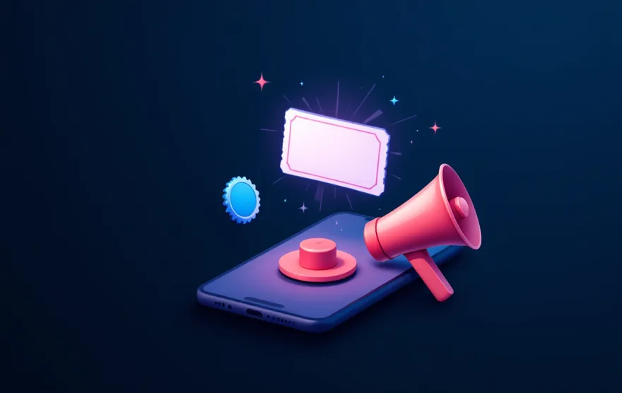 Illustration: a reward ticket popping out of a phone game next to a megaphone