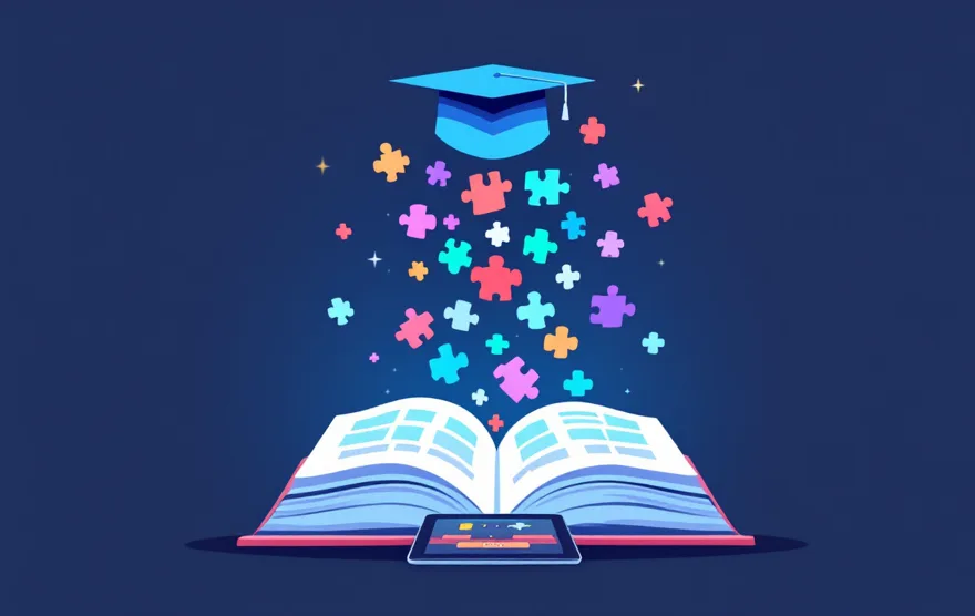Illustration: an open book releasing puzzle pieces toward a graduation cap