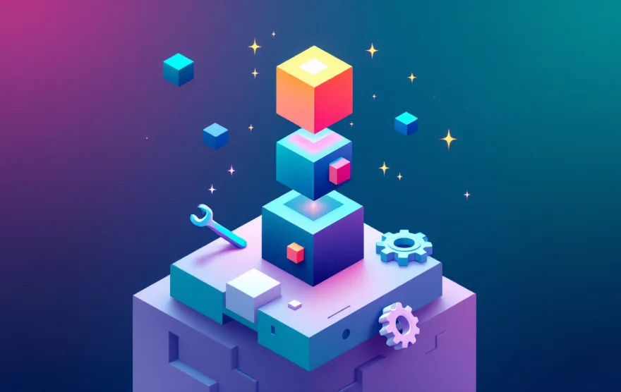 Illustration: blocks assembling into a small game world on a platform